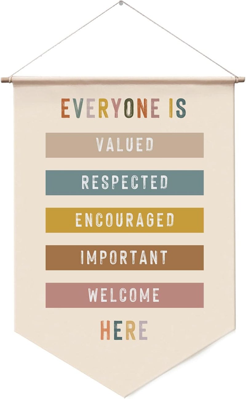 WCDHOR Everyone Is Valued Wall Hanging, Classroom Welcome Quote, Boho Classroom Decor, All Are Welcome Here, Rainbow Wall Banner, Playroom Decor, Hanging Banners for Wall Decor - Image 1